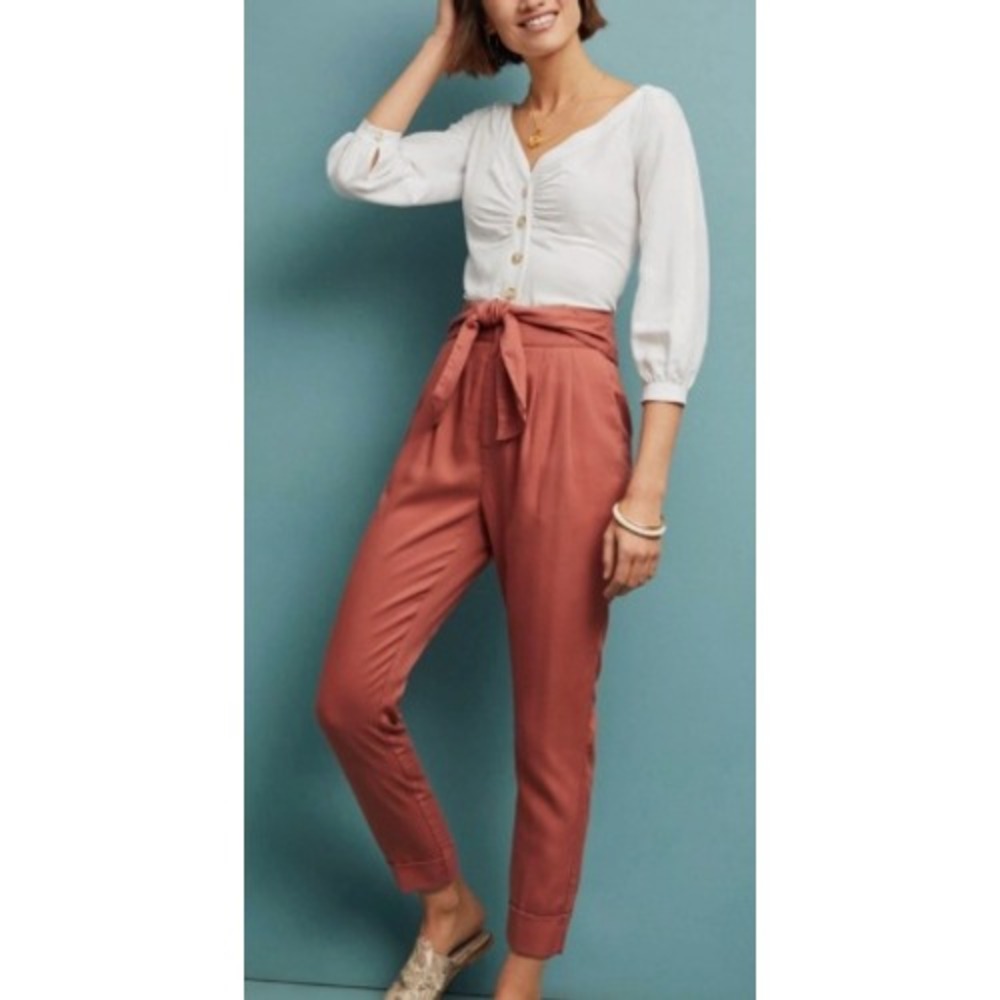 Cartonnier Anthropologie‎ Dusty Rose Paperbag Waist Tapered Cuffed Pants Size 00